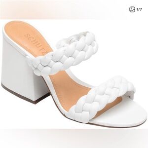 SCHUTZ White Braided Block Heel Sandals